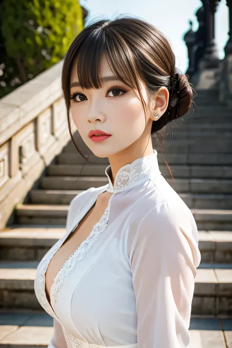 Highest quality, high resolution, masterpiece, colorful to keep.
Super beautiful woman, looks like a intimidating dominatrix, closed mouth, condescending gaze, staring at the viewer, makeup, long false eyelashes, eyeshadows, eyeliners, big breasts, updo fo...