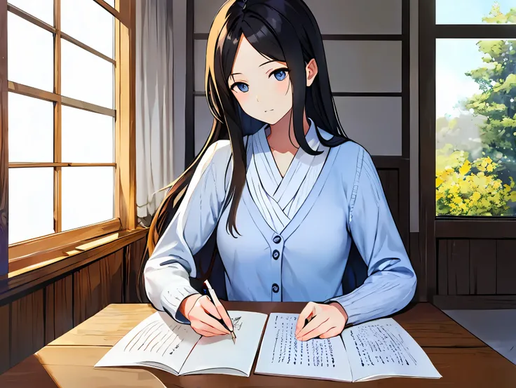Japanese Female Artist、Black and long hair、Up-and-coming、Write using a quill pen on manuscript paper、sunlight filtering through the trees、Writing about the Table by the Window、white blouse、Light Blue Knitted Cardigan 