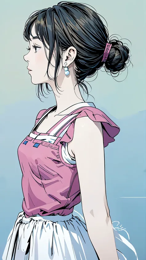 Famous Paintings、Optimal Quality、female、Very depressed、I look up、Profile、upper body、Krapana pink dress、sleeveless、white skirt、moderate bust、