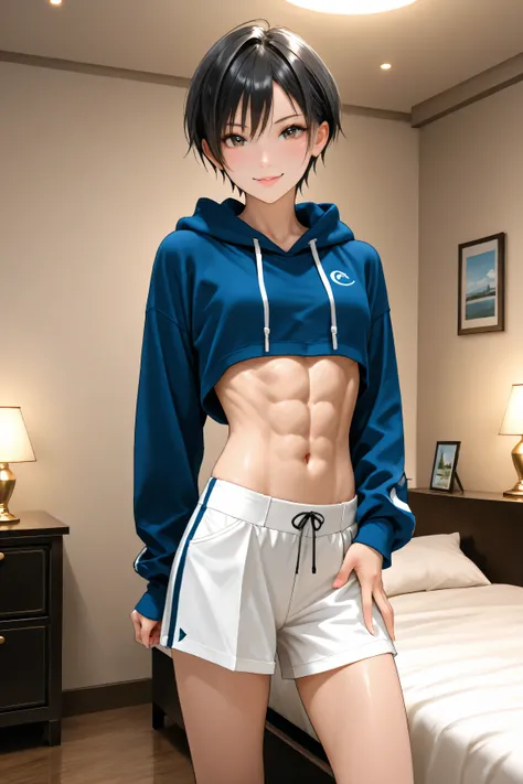 Best Quality, ultra detailed, Photo realstic,
(solo tom boy), black hair, slim, idol, private, clandestine meeting in hotel room, looking for viewer, abs, seducing, (smirk:0.7)