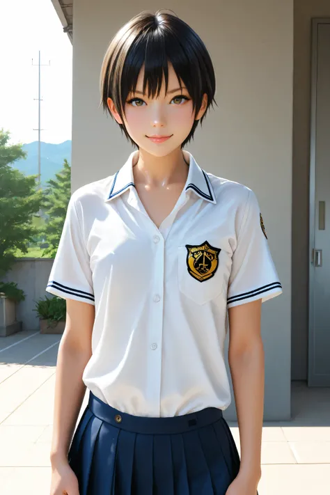 Best Quality, ultra detailed, Photo realstic,
photo realistic, (best quality), 1 tomboy, (Rebellious youngster), school boy uniform, black short hair, flat chest, (smirk:0.6)