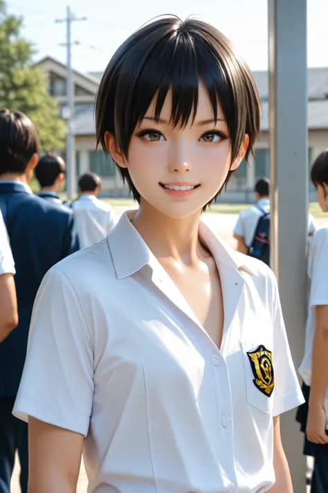 Best Quality, ultra detailed, Photo realstic,
photo realistic, (best quality), 1 tomboy, (Rebellious youngster), school boy uniform, black short hair, flat chest, (smirk:0.6)