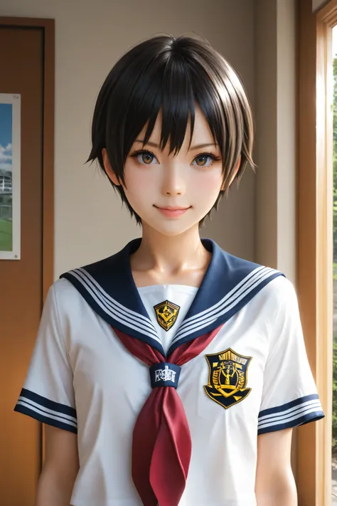 Best Quality, ultra detailed, Photo realstic,
photo realistic, (best quality), 1 tomboy, (Rebellious youngster), school boy uniform, black short hair, flat chest, (smirk:0.6)