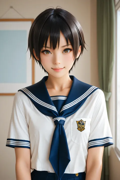 Best Quality, ultra detailed, Photo realstic,
photo realistic, (best quality), 1 tomboy, (Rebellious youngster), school uniform, black short hair, flat chest, (smirk:0.6)
