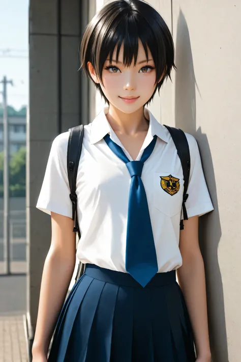 Best Quality, ultra detailed, Photo realstic,
photo realistic, (best quality), 1 tomboy, (Rebellious youngster), school uniform, black short hair, flat chest, (smirk:0.6)