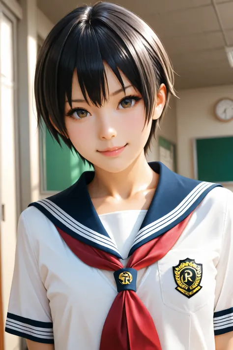 Best Quality, ultra detailed, Photo realstic,
photo realistic, (best quality), 1 tomboy, (Rebellious youngster), school uniform, black short hair, flat chest, (smirk:0.6)