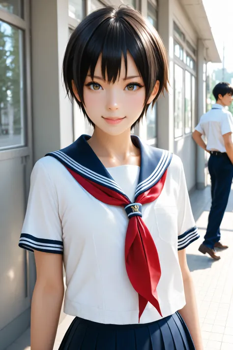 Best Quality, ultra detailed, Photo realstic,
photo realistic, (best quality), 1 tomboy, (Rebellious youngster), school uniform, black short hair, flat chest, (smirk:0.6)