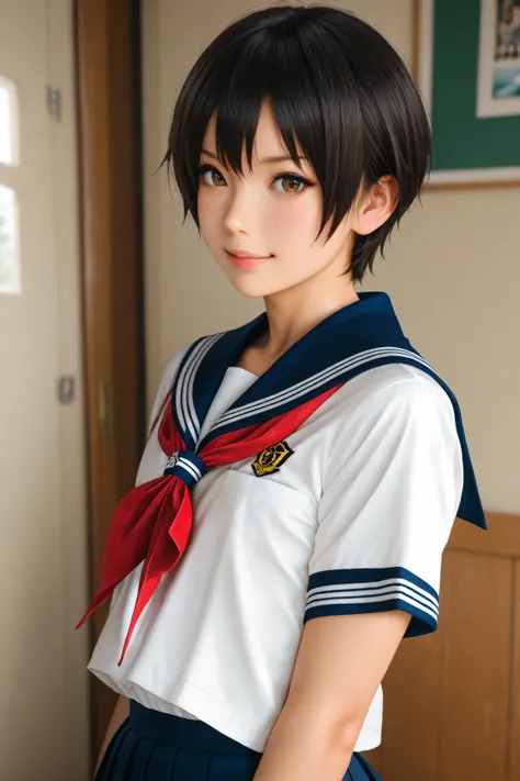 Best Quality, ultra detailed, Photo realstic,
photo realistic, (best quality), 1 tomboy, (Rebellious youngster), school uniform, black short hair, flat chest, (smirk:0.6)