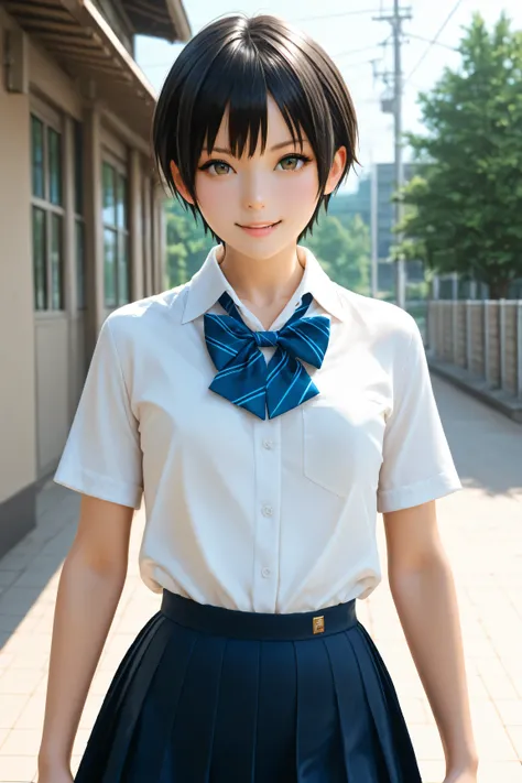Best Quality, ultra detailed, Photo realstic,
photo realistic, (best quality), 1 tomboy, (Rebellious youngster), school uniform, black short hair, flat chest, (smirk:0.6)