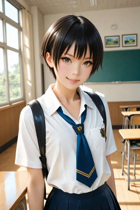 Best Quality, ultra detailed, Photo realstic,
photo realistic, (best quality), 1 tomboy, (Rebellious youngster), school uniform, black short hair, flat chest, (smirk:0.6)