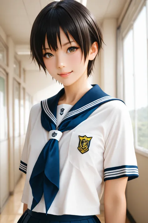 Best Quality, ultra detailed, Photo realstic,
photo realistic, (best quality), 1 tomboy, (Rebellious youngster), school uniform, black short hair, flat chest, (smirk:0.6)