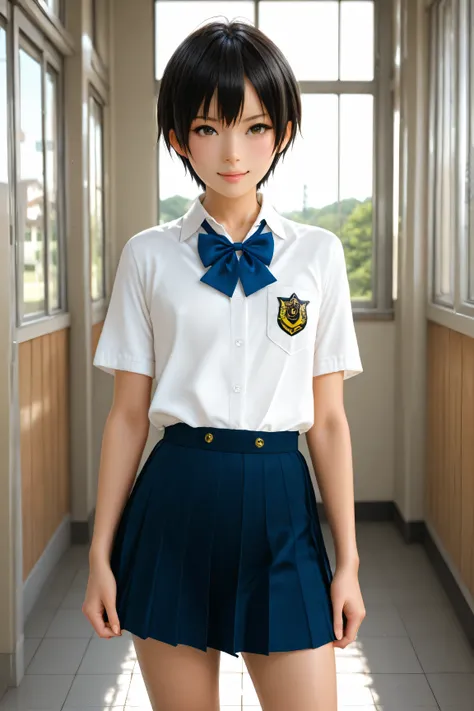 Best Quality, ultra detailed, Photo realstic,
photo realistic, (best quality), 1 tomboy, (Rebellious youngster), school uniform, black short hair, flat chest, (smirk:0.6)