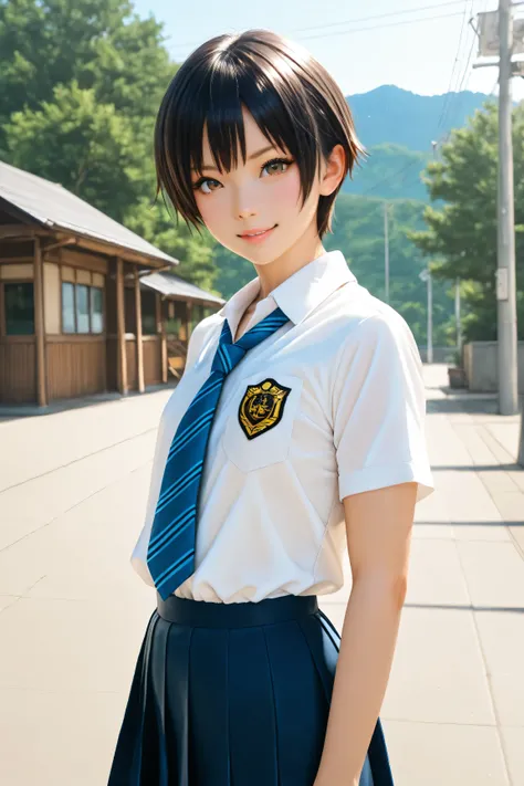 Best Quality, ultra detailed, Photo realstic,
photo realistic, (best quality), 1 tomboy, (Rebellious youngster), school uniform, black short hair, flat chest, (smirk:0.6)