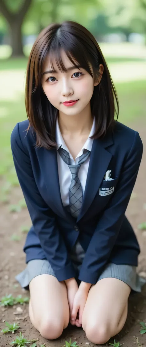 (8k), ( best quality : 1.2), (Realistic), (Realistic: 1.37), ultra high resolution with forest background, ( 1 girl), cute, smile, closed mouth , beautiful detail, Beautiful Nose, ponytails bleeding from the vagina, Giant Dulcefo, pork, Thighs,Self Sn...