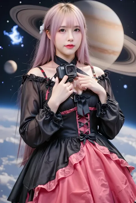 Masterpiece, best quality, high-profile, (1Girls:1.5), Pretty young girl, Cute outfit, black and dark pink dress with a red border, pink lace details, Long dark pink hair, Standing, Holding a black GoPro camera, blue fireballs floating around her, Saturn b...