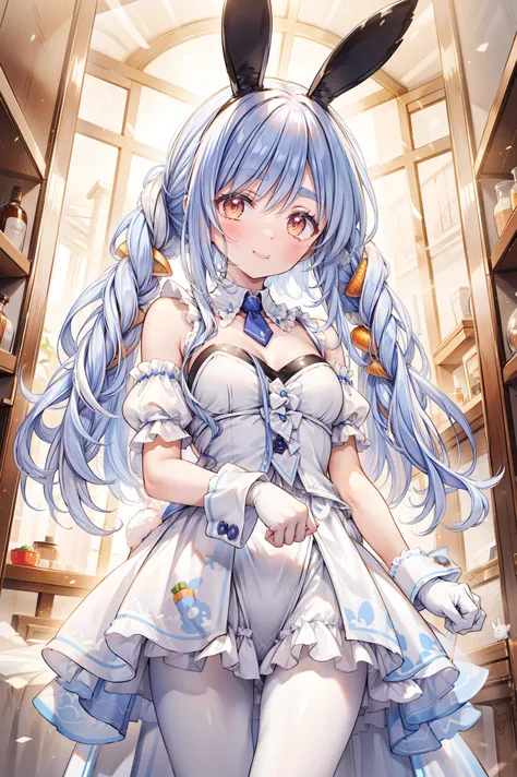 masterpiece, BEST QUALITY BREAK SOLO, , 1 girl, Ultrafine, illustration, interior, Smile, Cowboy Shooter, Gold Necklaces , White punches , white pantyhose, white wristband, DOWN DOUBLE STRAND , fake animal ears, sleeveless, costume cut , Rabbi...