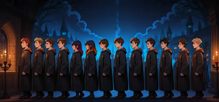 A long winding line of Hogwarts male students,  waiting in line, side profile, different heights, different hair colors, diverse people, detailed, hogwarts background, night time, dark room candle lit, 