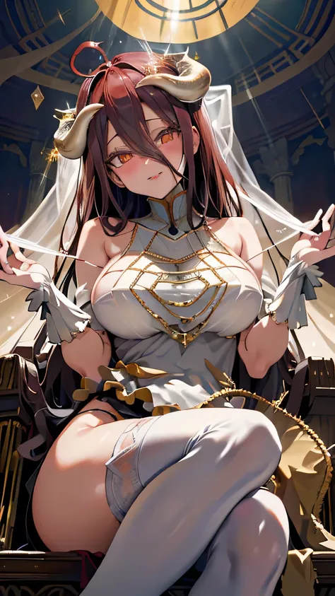 　(sitcrossleg:1.2),(extreme close-up of thigh), (The view is from very close below:1.5), 
Pushing hips forward, (Sitting on the throne:1.5), 　(head tilt), (stroking own chin), 
seductive grin smug, drunken eyes, (blush), half closed eyes,
(head tilt), (upp...