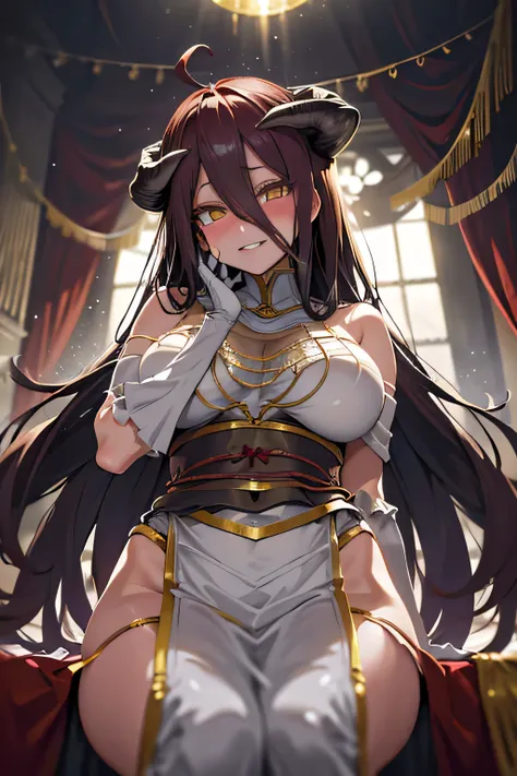 (extreme close-up of thigh), (The view is from very close below:1.5), 
Pushing hips forward, (Sitting on the throne:1.1), 　(head tilt), (stroking own chin), 
seductive grin smug, drunken eyes, (blush), half closed eyes,
(head tilt), (upper body:1.2),
1woma...
