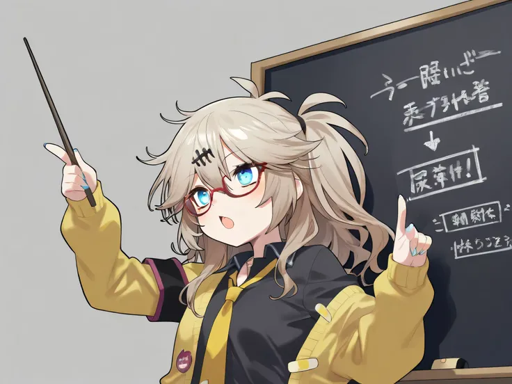 one girl ,kasukabe tsumugi , gray background, Upper body, red rimmed glasses , black school uniform, yellow cardigan, yellow tie , from diagonal, detailed background, open mouth , holding a pointer stick, pointing at blackboard,