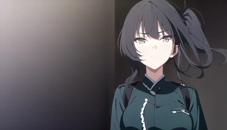 masterpiece, best quality, solo, 1woman, mature, black hair, side ponytail hair, gray eye, medium breast, dark green japan military uniform, standing, looking at viewer, observing gaze, reserved, calm, slight smile, black background only