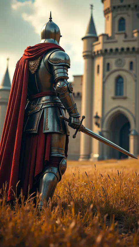 highdefinition images、real images of King Arthur and the Knights of the Round Table、On the prairie in front of the castle gate、King Arthur and Lancelot, dressed in armor and armor, they pull out their swords and fight to protect the city from looters、Many ...