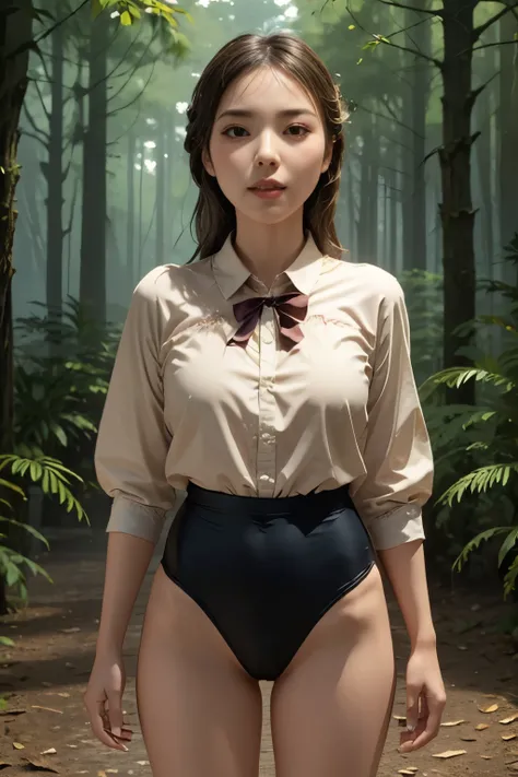(masterpiece, highest quality), 1 girl, beautiful face, beautiful body,  wearing a Black gymnastics bloomers, High leg、white blouse,    cowboy shot、Are standing、full body portrait、alone, complex details, enlarged textures, complex details, finely detailed ...