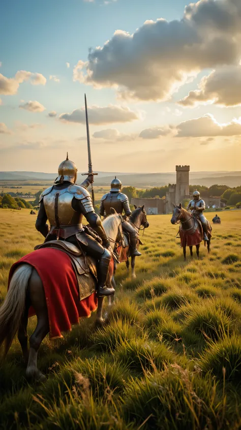 high-definition images、realistic footage of King Arthur and the Knights of the Round Table、On the prairie in front of the castle gate、King Arthur and Lancelot wear armor and armor、pull out a sword and fight to protect the city from marauders、Many Enemies、T...