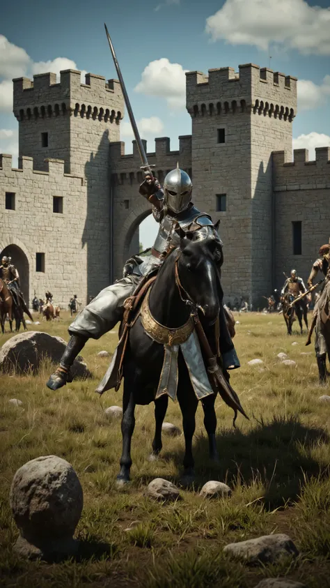high-definition images、realistic footage of King Arthur and the Knights of the Round Table、On the prairie in front of the castle gate、King Arthur and Lancelot wear armor and armor、pull out a sword and fight to protect the city from marauders、Many Enemies、T...