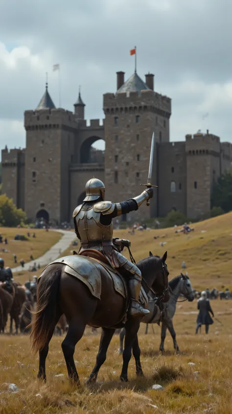 high-definition images、realistic footage of King Arthur and the Knights of the Round Table、On the prairie in front of the castle gate、King Arthur and Lancelot wear armor 、兜は被らずに、pull out a sword and fight to protect the city from marauders、Many Enemies、The...