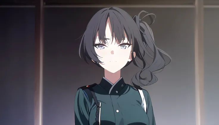 masterpiece, best quality, solo, 1woman, mature, black hair, side ponytail hair, gray eye, medium breast, dark green japan military uniform, standing, looking at viewer, observing gaze, reserved, calm, slight smile, black background only