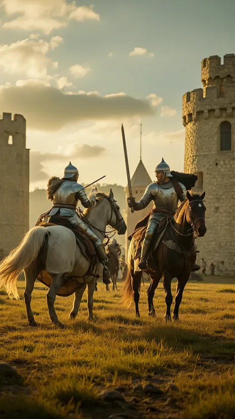 high-definition images、realistic footage of King Arthur and the Knights of the Round Table、On the prairie in front of the castle gate、King Arthur and Lancelot wear armor 、兜は被らずに、pull out a sword and fight to protect the city from marauders、Many Enemies、The...
