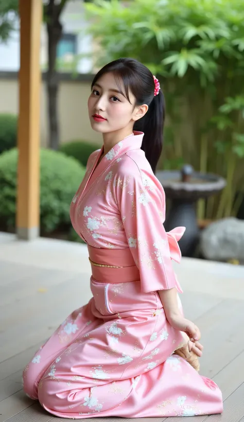 a beautiful woman, kneeling on the porch of the house, Japanese home garden background with bamboo fountain, body facing straight to camera, head looking up, Using long kimono material satin color pink floral print, using blindfold pink color, black hair ...