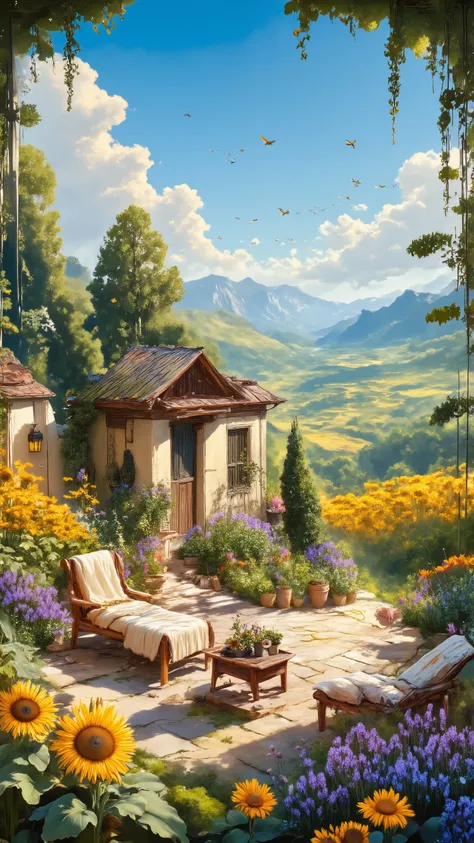 Wide midday view of the valley sanctuary surrounded by vibrant blooming fields, sunflowers and lavender in full color, butterflies and bees buzzing, blue sky with soft drifting clouds -- people or chairs under a wooden pergola, open book and tea on the tab...