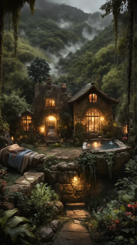 Valley sanctuary in soft afternoon rain, muted colors with deep greens and wet stone textures, mist clinging to hills, reflections in puddles along the garden path -- warm light glowing from windows, steam rising from a stone outdoor bath -- cozy blankets ...
