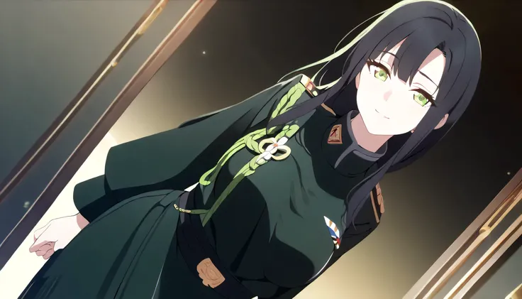 masterpiece, best quality, solo, 1woman, mature, black hair, long hair, lime green eye, medium breast, dark green japan military uniform, standing, looking at viewer, obsessive gaze, kind, warm smile, black background only