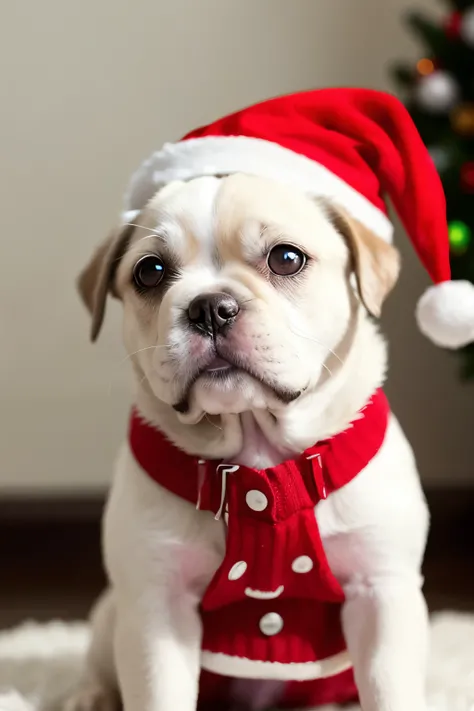 Closeup of a dog wearing a Santa hat and sweater、Picture of a cute dog、Super Realな、inspired by Ernest William Christmas、High Quality Portrait、 cheerful、UltraUltraリアル、very real、Perceptual Realistic、Classical portrait、very realな、Incredibly Realistic、「Super R...