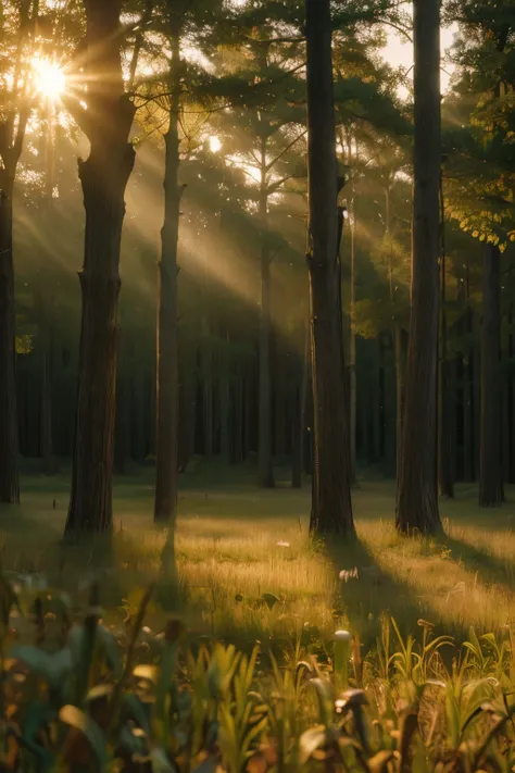 A soft cinematic scene of a quiet forest clearing at dawn, with golden mist hanging in the air. Light breaks gently through tall trees, touching the ground with scattered glimmers. The scene is empty, peaceful, and glowing – no person visible. The atmosphe...
