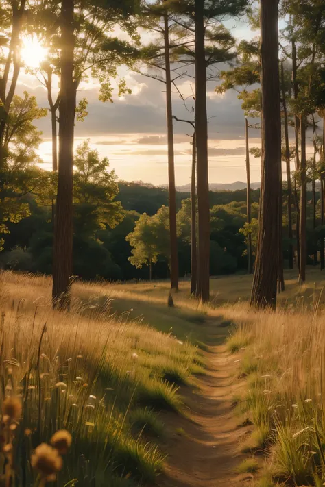 A dreamy meadow at the forest’s edge, tall grasses swaying in the breeze. The light is warm and diffused, early afternoon or late morning. No visible figure. Only signs of presence: a lightly bent grass path, a glint of something white like fabric caught i...