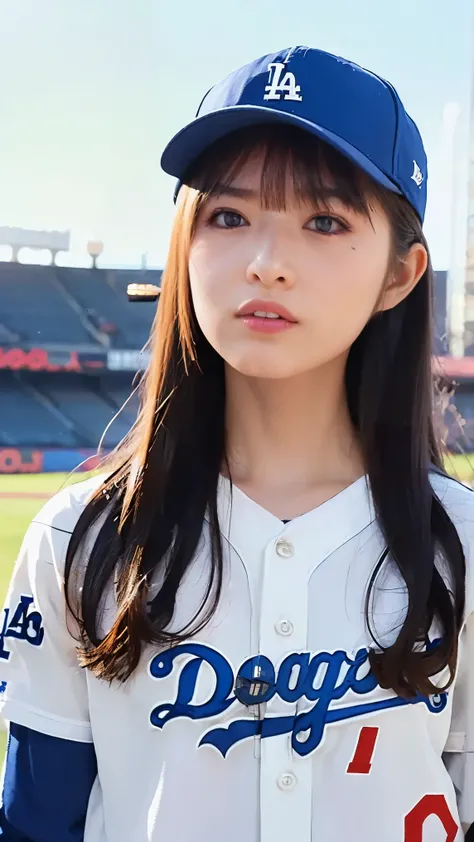 1 girl, ((LA Dodgers uniform,Dodgers hat)), Dodger Stadium Background, upper body, masterpiece, Highest Quality, Highest Quality, Movie Lighting, ( Stereo lighting ), extremely detailed CG unity 8kの壁紙, Concentrated, extremely detailed, surreal , Photoreal...
