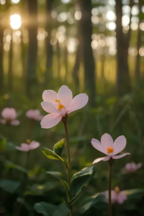 A single delicate flower with soft pastel petals held upright against a blurred forest background. The flower glows slightly in the soft light, with visible texture and gentle shadows. Everything else is softly blurred – just color, air, and light. The mom...