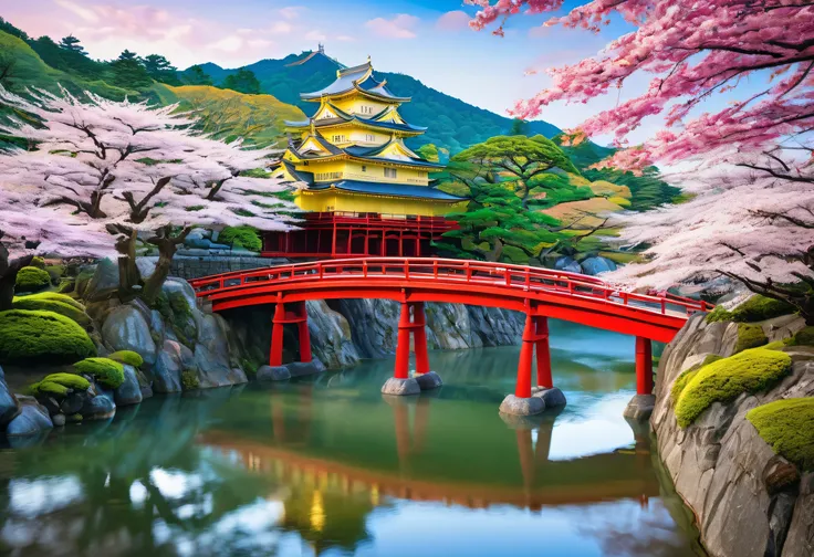 View of the bridge over the river with the castle in the background, Japan Tourism, , Japan In-depth Travel Exploration, View of a pond reflecting Japan's nature , Japan Travel & Tourism , Himeji Rivendell Garden Garden of Eden , Japanese temple, h...