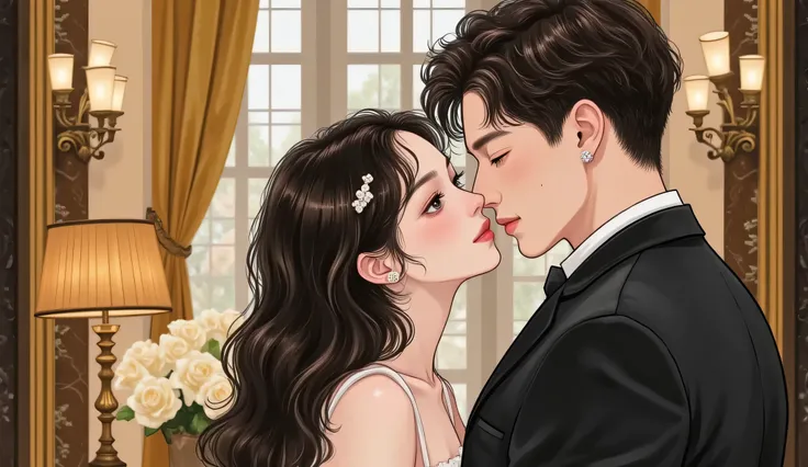 semi-realistic manhwa style, chest-up portrait of a seductive beautiful woman and a cold mature man, standing close together, cinematic soft lighting, Douyin makeup, glossy lips, long black wavy hair, flawless white skin, off-shoulder dress, sharp-suited C...