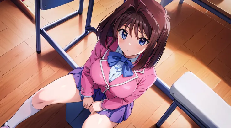 1 girl, alone, masterpiece, Highest Quality、emilia,aamazaki, (antenna hair:1.2), Big Breasts, blue bowtie, pink jacket, blazer, long sleeves, blue skirt, pleated skirt、blazer, blue skirt, domino high school uniform, jacket, miniskirt, pink shirt, school un...