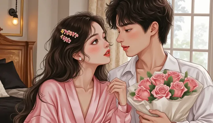 semi-realistic manhwa style, couple portrait from chest up, the woman in a silk robe sliding off shoulder, messy hair, seductive Douyin makeup, man shirtless or in white shirt slightly open, staring at each other closely, intense atmosphere, background: el...