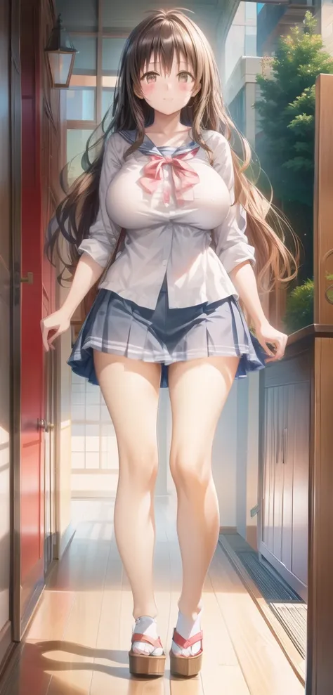 1 girl,  unique ,  HD, Accurate,  long hair, , Big breasts ,  blush,  Beautiful young Japanese girl with a charming smile ,Full body photo long legs，huge breasts:1.5