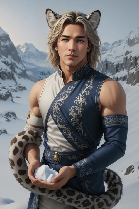 3D render class, check_9, class, check_8_up, class, check_7_up, class, check_6_up, source code_anime, the masterpiece failed (oil painting style) male, with snow leopard ears, blond, one brown eye, blue-eyed right eye, with a snow leopard's tail in its ha...