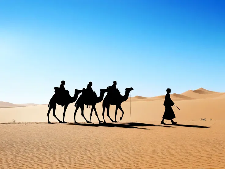 Silhouettes of trading teams walking in the desert。Camel。blue sky。anime style。