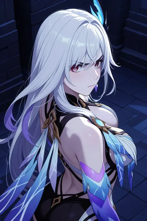 Skirk Genshin impact, cleavage, looking confident, angry expression, view from back, looking back, view from above
