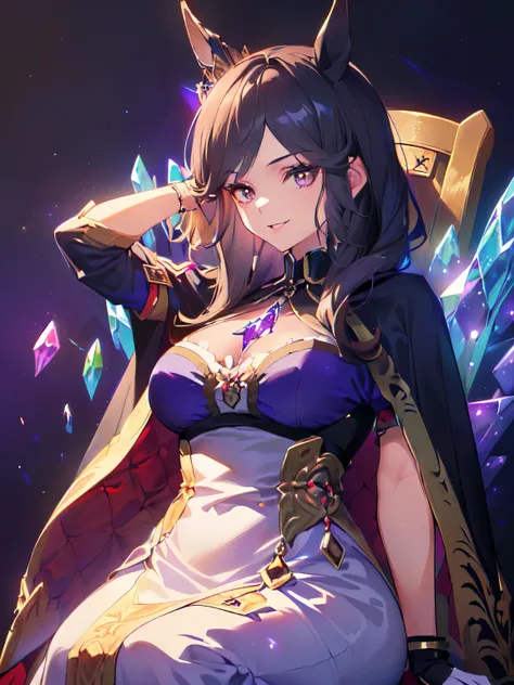 (Theme of the work: "Her Majesty": 1.5), (Solo, Alone, Adult, Female, Horse ears, Full body black hair, White bangs, Super long hair, No ears, Sitting on a throne, Arms folded behind head, Looking down with a big smile, Queen cosplay costume, Crown, Wester...
